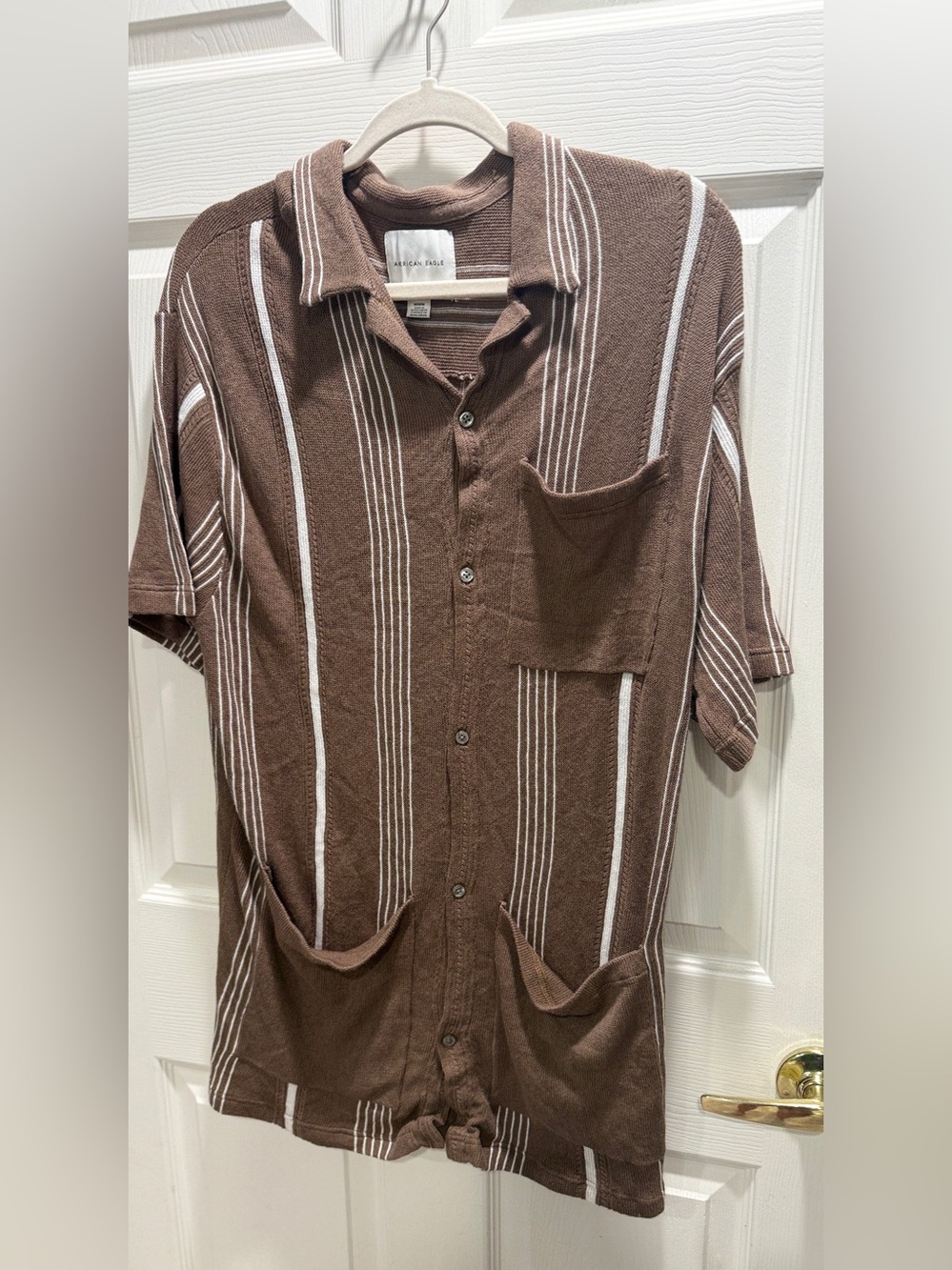 American Eagle Guayabera Sweater Brown Striped Button Front Pockets M Sample - Picture 3 of 8